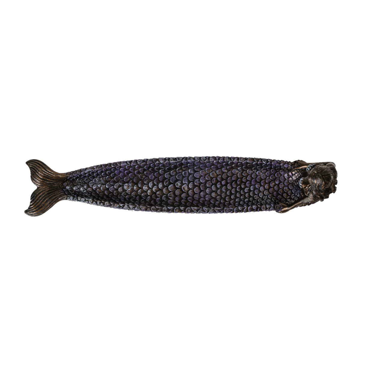 Mermaid incense holder with purple scales and metallic bronze body. Shown top down