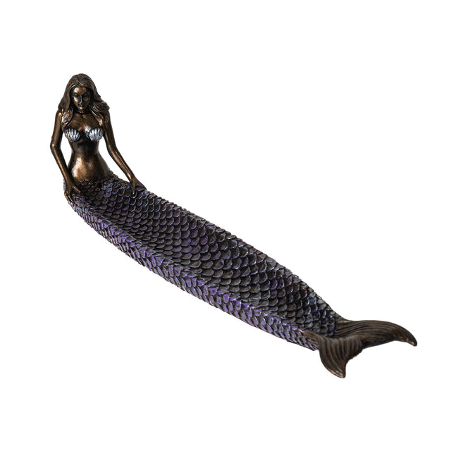 Mermaid incense holder with purple scales and metallic bronze body
