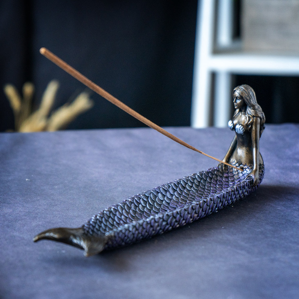 Mermaid incense holder with purple scales and metallic bronze body