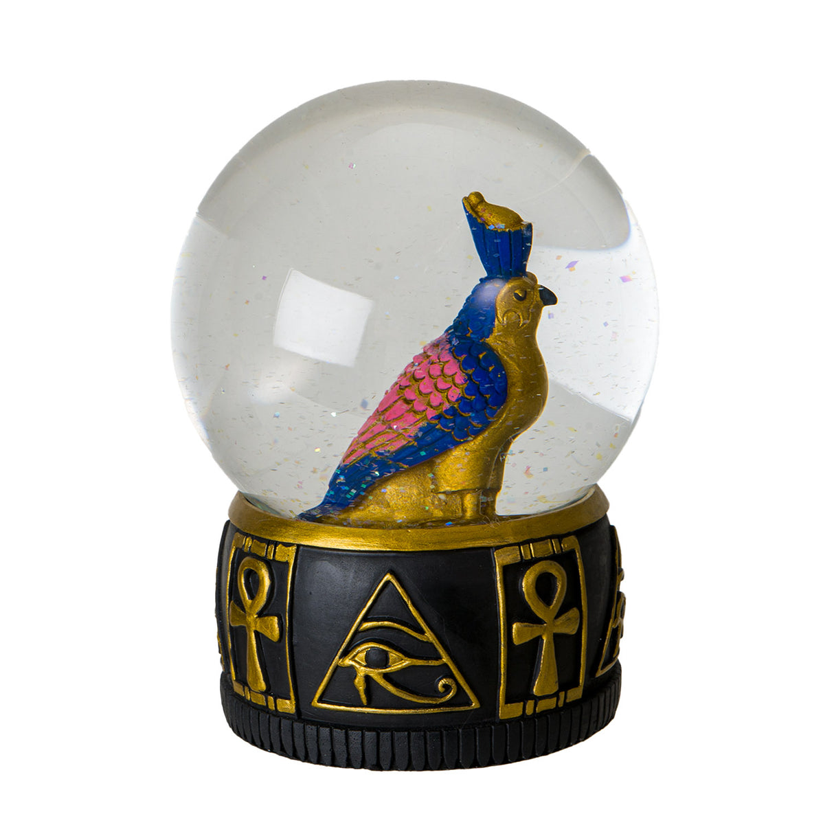 Snowglobe with blue and gold Horus falcon inside, Egyptian symbols around the edge, gold on black