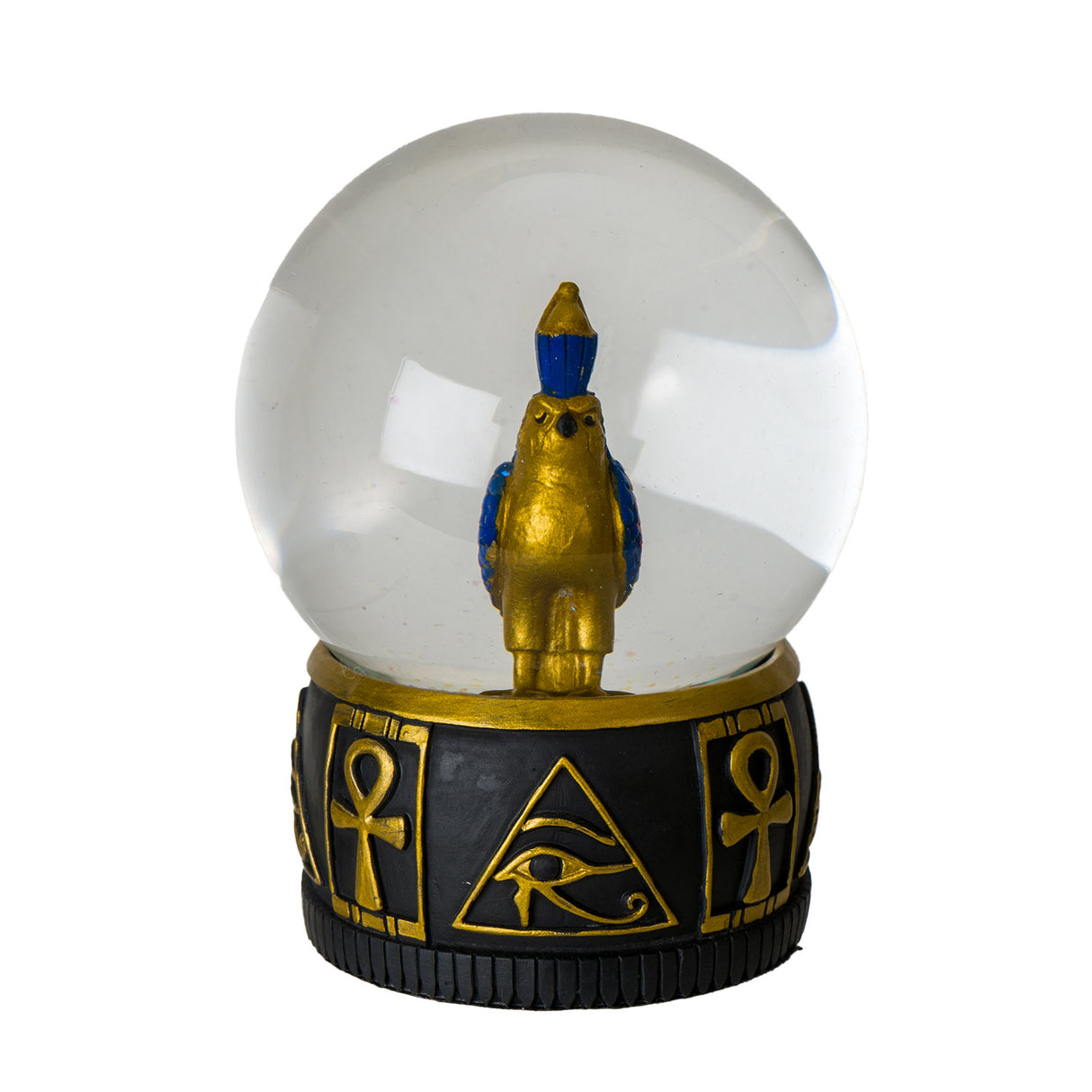 Snowglobe with blue and gold Horus falcon inside, Egyptian symbols around the edge, gold on black