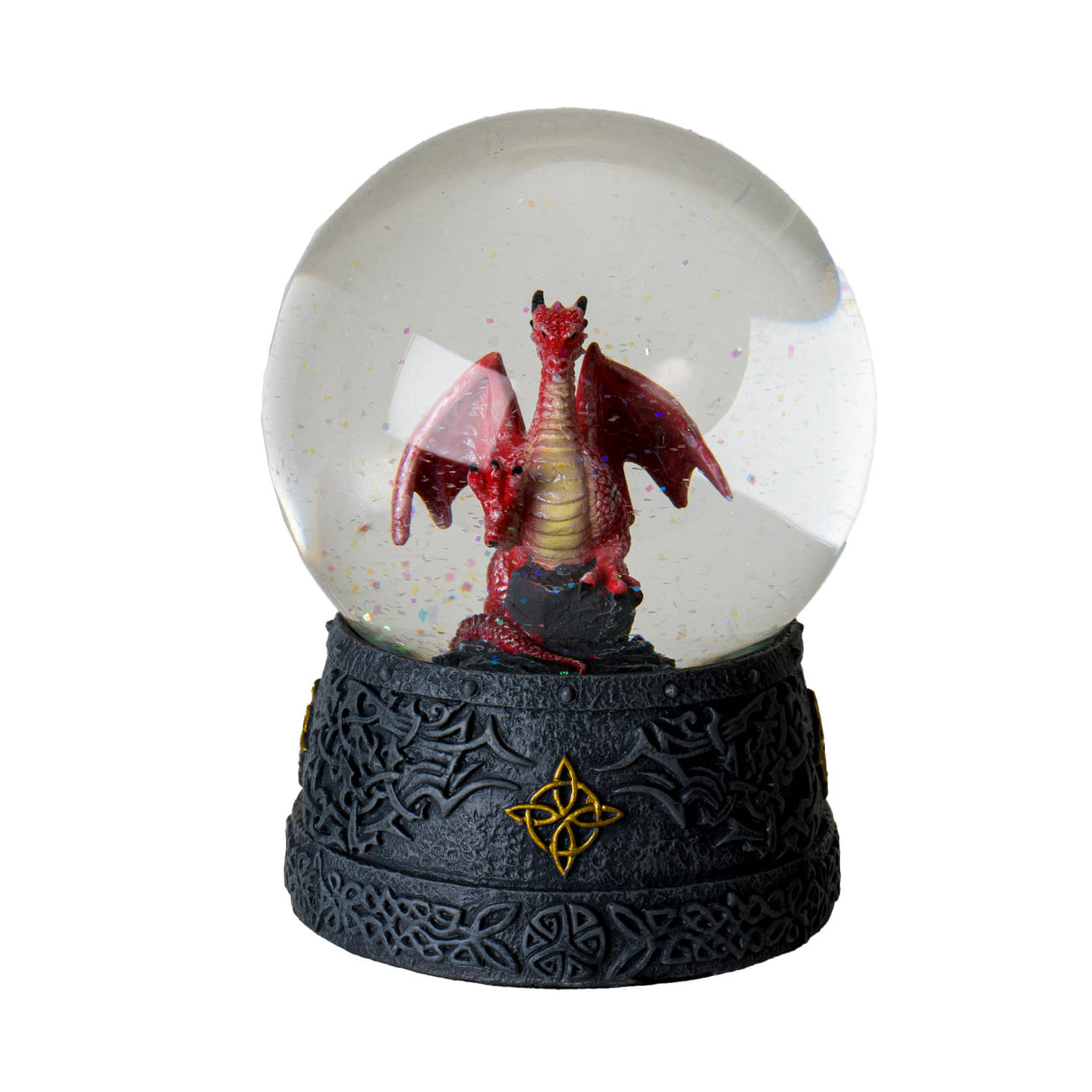 Snowglobe, red dragon in the globe with glitter, black base with gold accents
