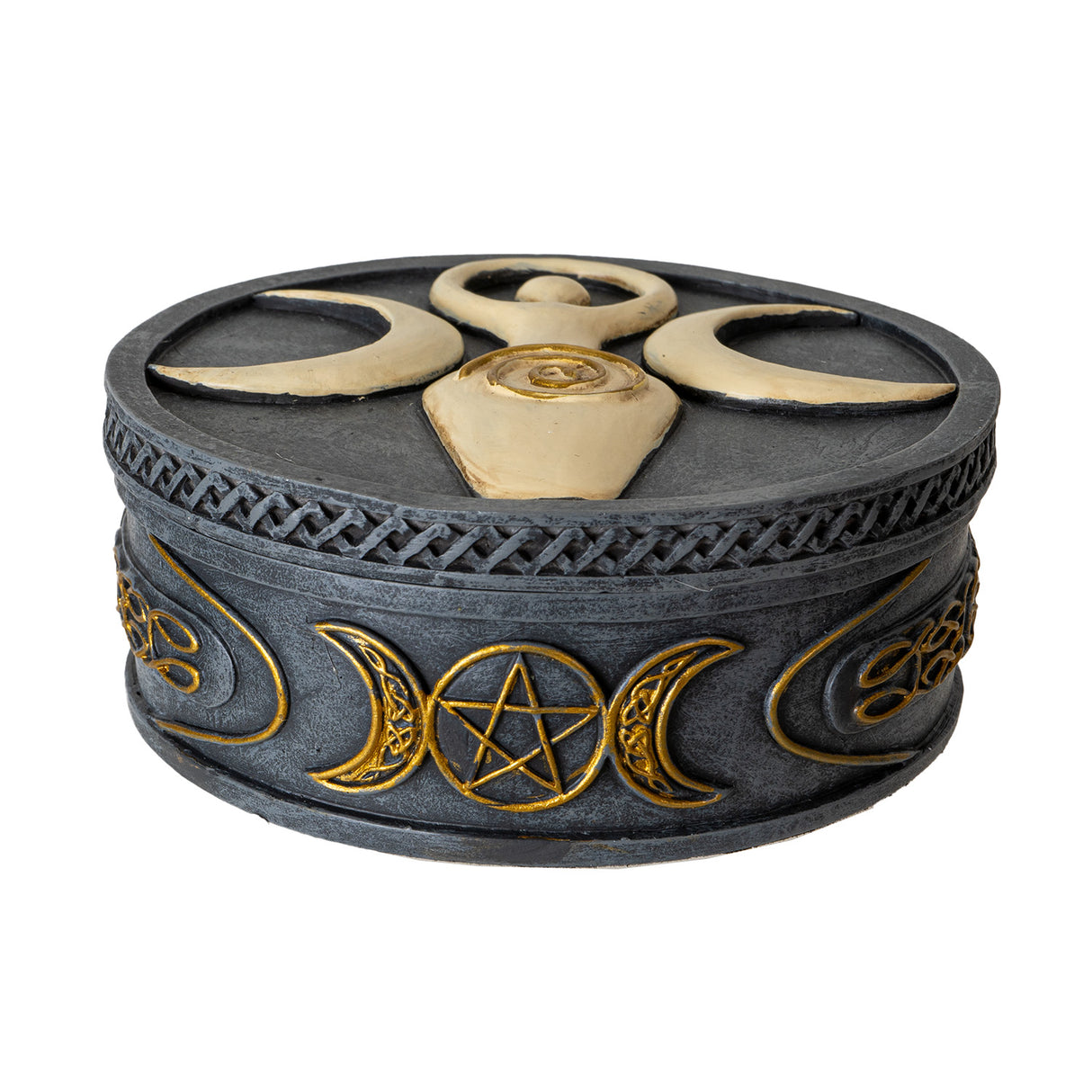 Round box, ivory with gold accents on charcoal. Spiral goddess with waxing, full, waning moons. Base has Celtic moon designs in gold.