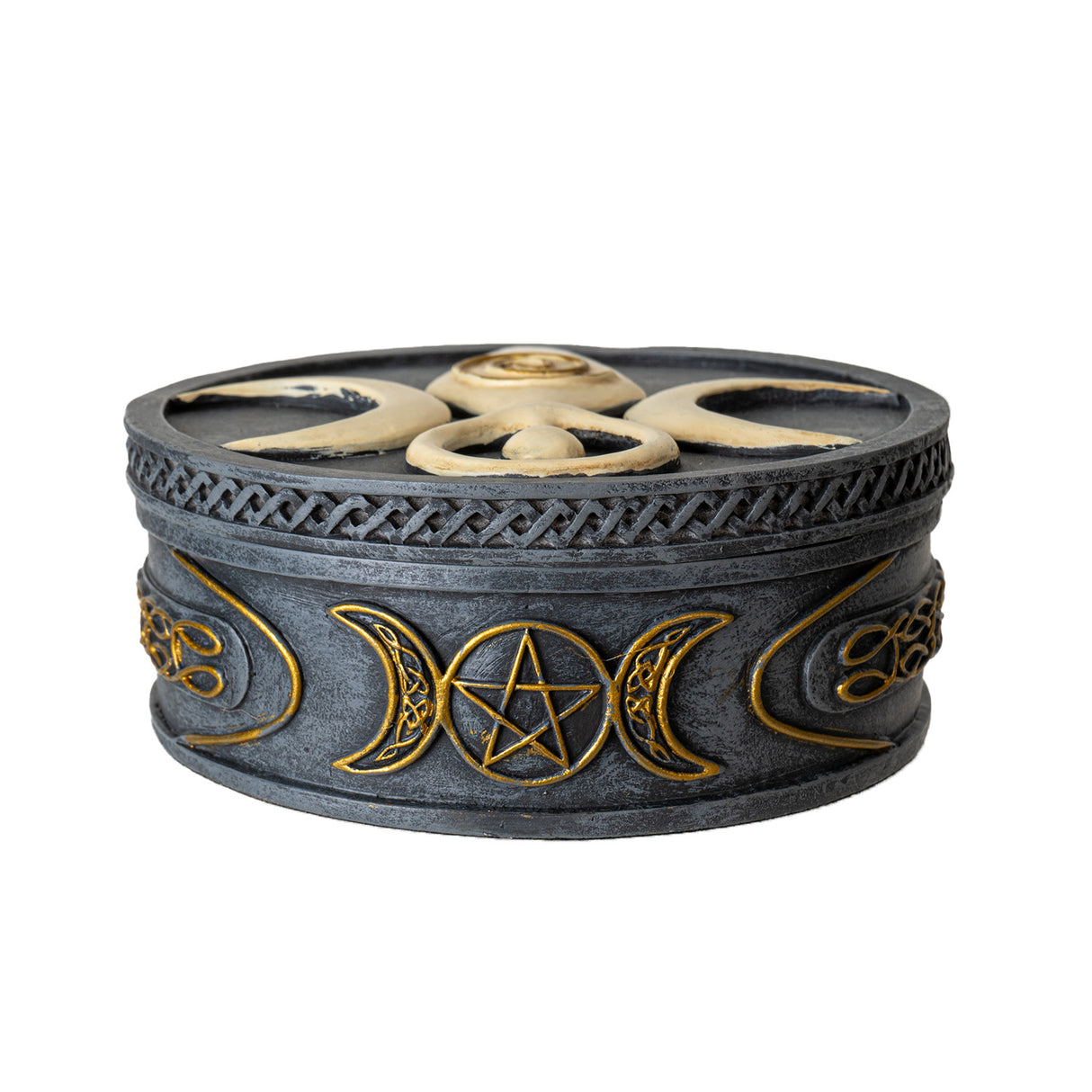 Round box, ivory with gold accents on charcoal. Spiral goddess with waxing, full, waning moons. Base has Celtic moon designs in gold.