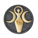 Round box, ivory with gold accents on charcoal. Spiral goddess with waxing, full, waning moons