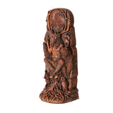 Faux wood figurine, Celtic god Cernunnos with antlers, seated crossed legged with bear, wolf, fox, snake, owl. Swirl symbol above him.