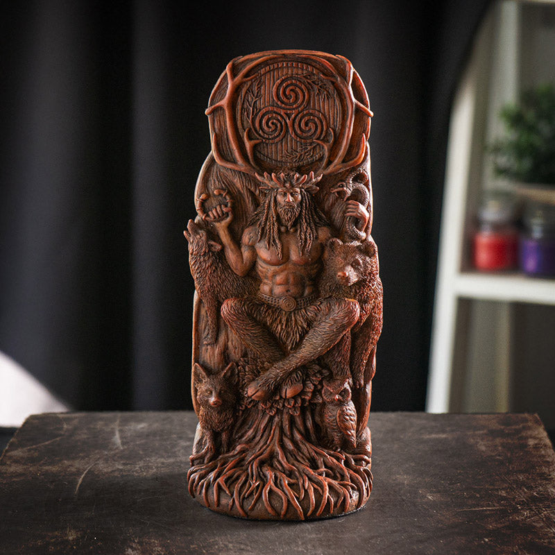 Faux wood figurine, Celtic god Cernunnos with antlers, seated crossed legged with bear, wolf, fox, snake, owl. Swirl symbol above him.