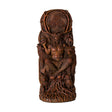 Faux wood figurine, Celtic god Cernunnos with antlers, seated crossed legged with bear, wolf, fox, snake, owl. Swirl symbol above him.