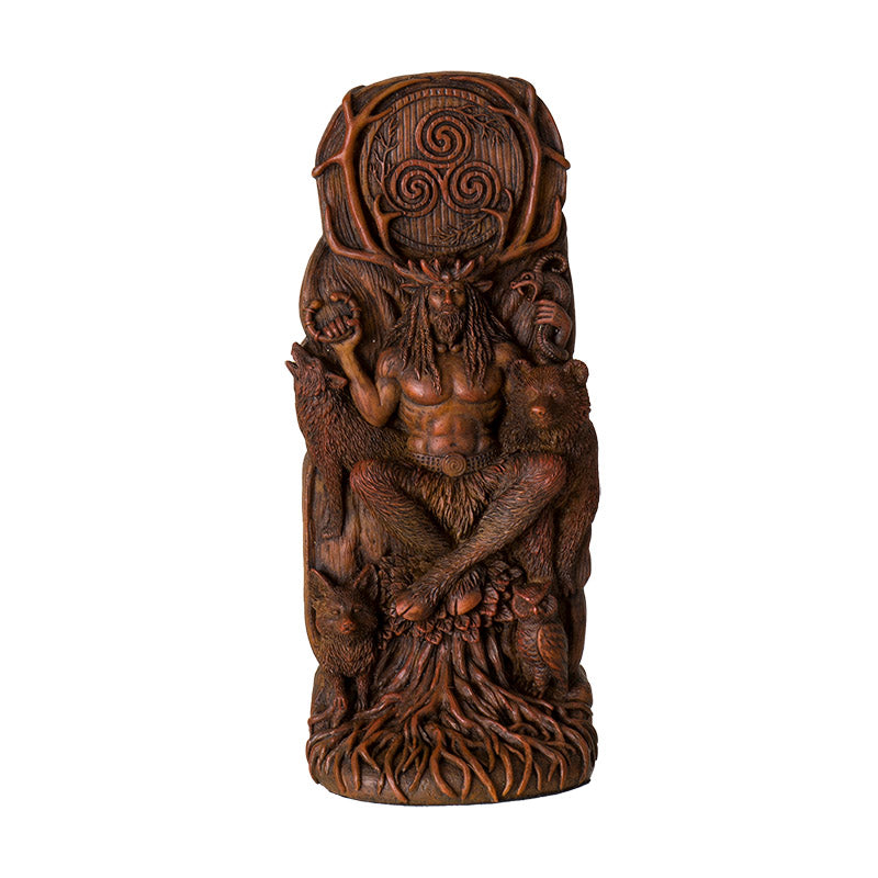 Faux wood figurine, Celtic god Cernunnos with antlers, seated crossed legged with bear, wolf, fox, snake, owl. Swirl symbol above him.