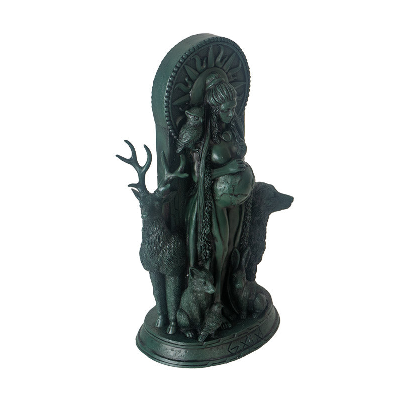 Mother Earth (Gaia) figurine in dark green faux-stone, pregnant goddess standing with owl, stag, fox, raven, hare and bear and sun behind her head, earth continents on her stomach