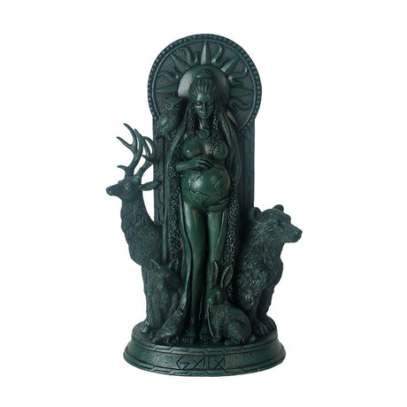 Mother Earth (Gaia) figurine in dark green faux-stone, pregnant goddess standing with owl, stag, fox, raven, hare and bear and sun behind her head, earth continents on her stomach