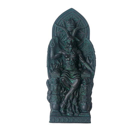 Figurine in dark teal faux-stone of seated Baphomet on throne with goat face, antlers, cloven hooves, symbols surrounding him