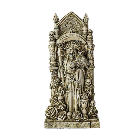 Faux-ivory figurine of Santa Muertes skeleton woman with scythe and owl, surrounded by skulls and roses, hourglass, ornate Gothic architecture