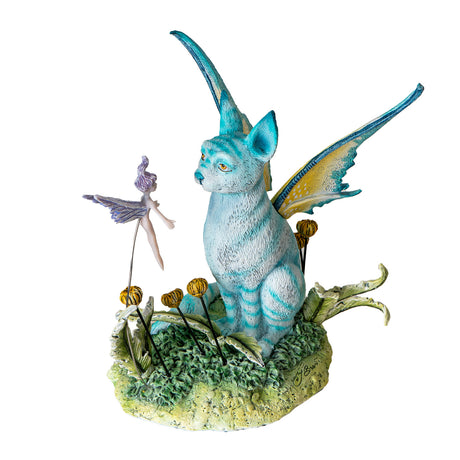 Figurine of a blue striped fairy cat with cyan and yellow wings sitting with a small purple pixie amidst flowers