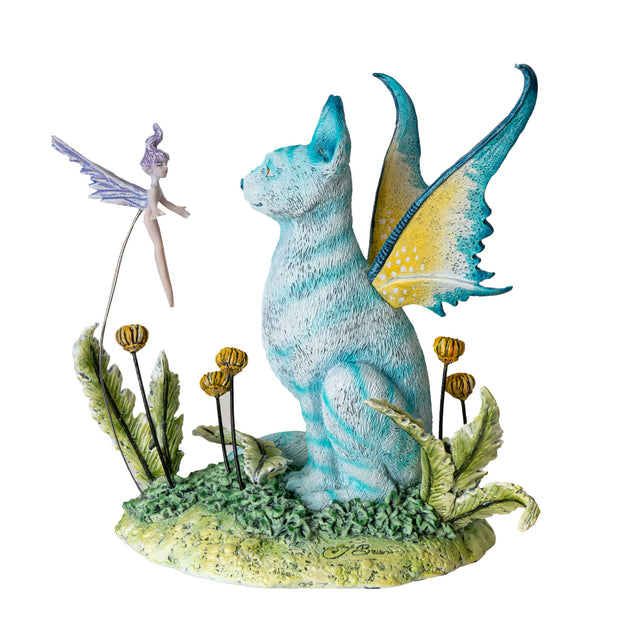 Figurine of a blue striped fairy cat with cyan and yellow wings sitting with a small purple pixie amidst flowers