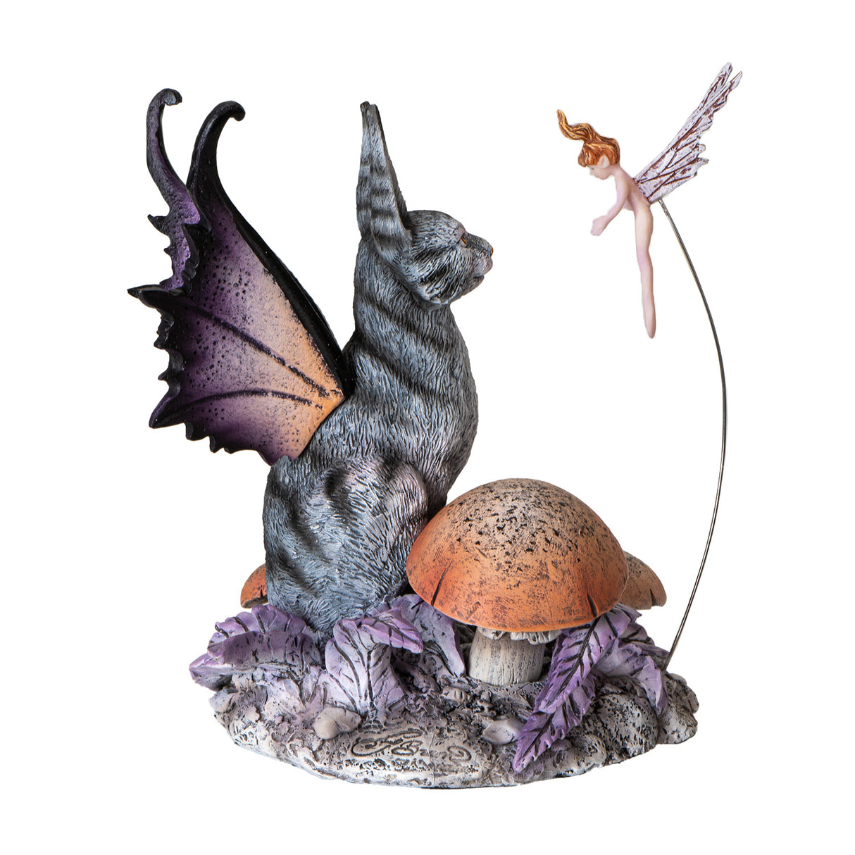 Figurine based on Amy Brown art, grey tabby cat with wings and pixie, sitting with mushrooms