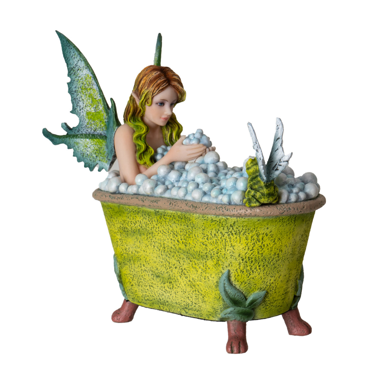 Figurine by Amy Brown, green-winged fairy sits in bubble bath (yellow tub) with a winged frog perched on the edge