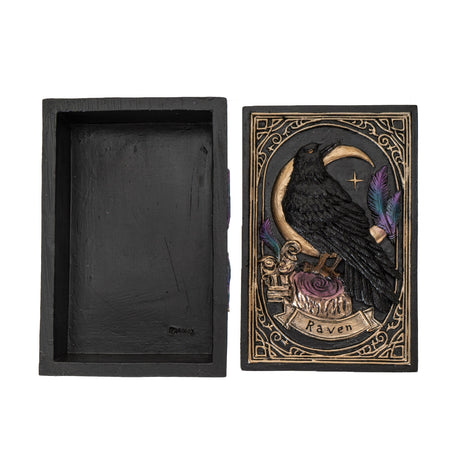 Tarot trinket box with raven and moon design on lid and feathers around outside