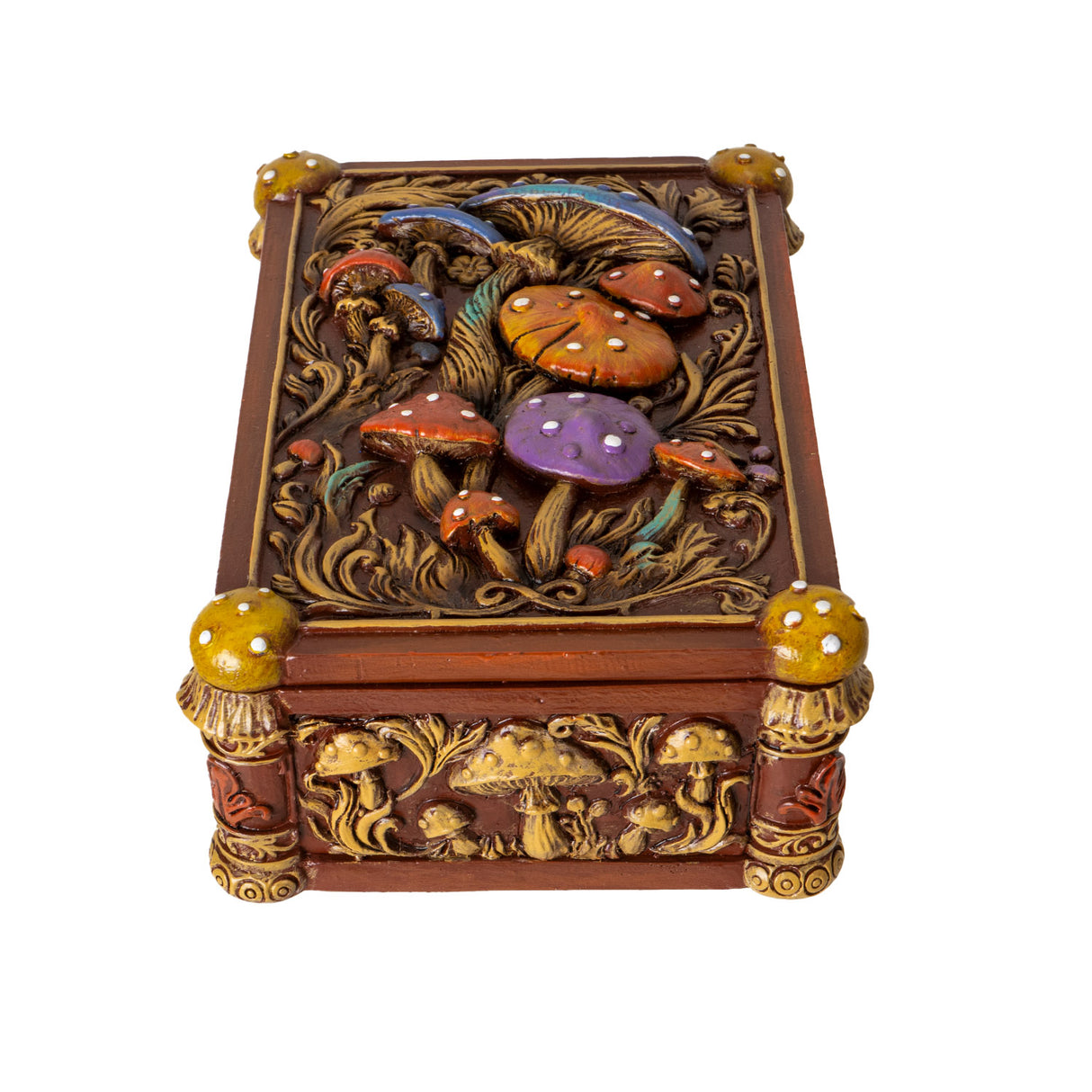 Tarot-sized trinket box with mushrooms in different colors on the lid and around the outside