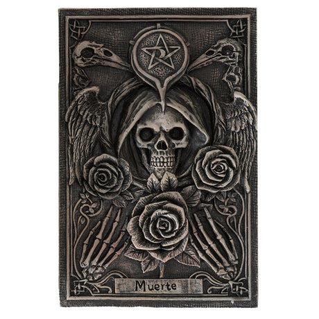 Lid of trinket box, skeleton in hood with roses, wings, bird skulls, label of Muerte (death)