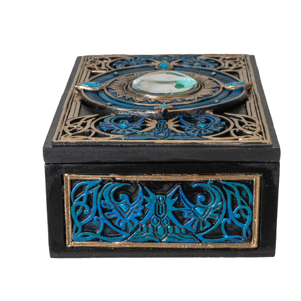 Trinket box in blue, gold, black color scheme with all seeing eye at the center of the lid