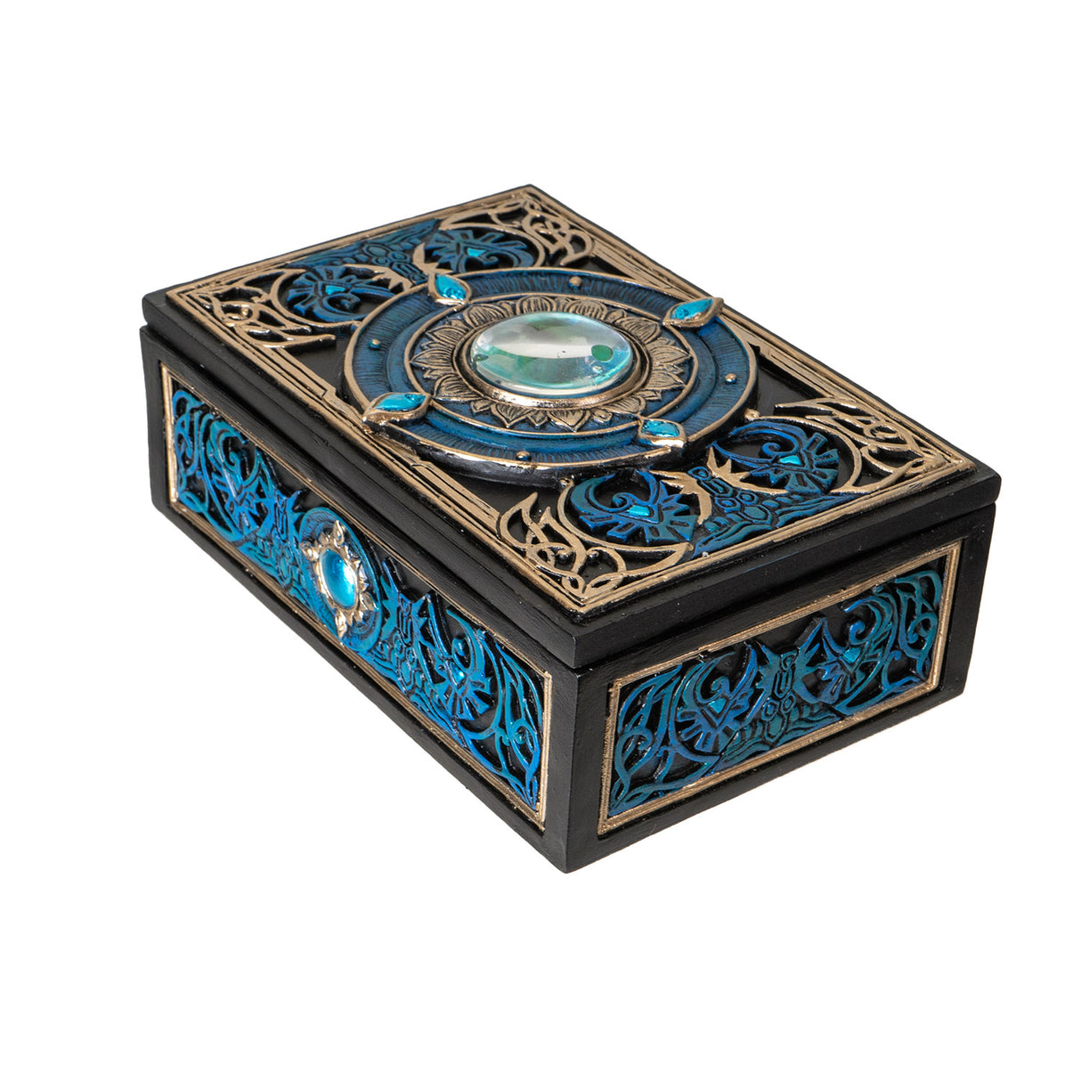 Trinket box in blue, gold, black color scheme with all seeing eye at the center of the lid