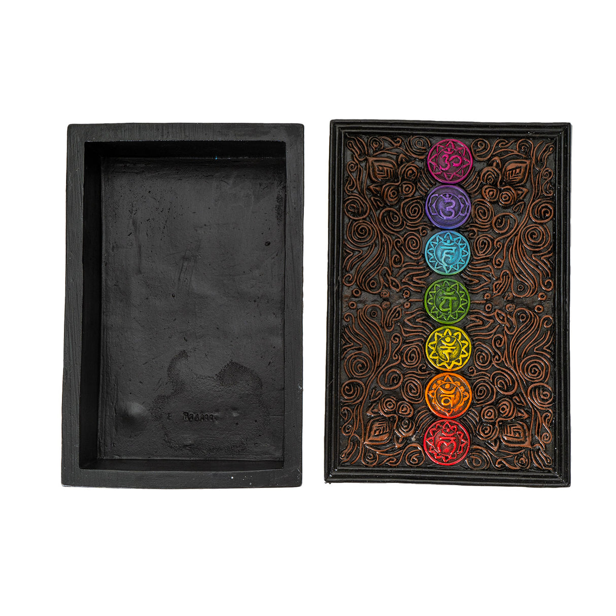 Tarot sized trinket box, 7 chakra symbols in rainbow on a brown and black swirl pattered lid