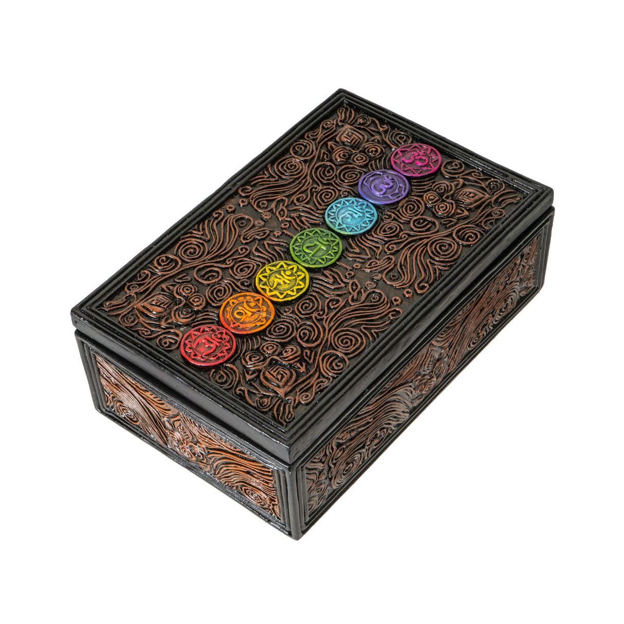 Tarot sized trinket box, 7 chakra symbols in rainbow on a brown and black swirl pattered lid