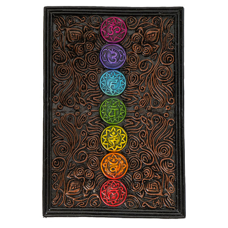 Tarot sized trinket box, 7 chakra symbols in rainbow on a brown and black swirl pattered lid