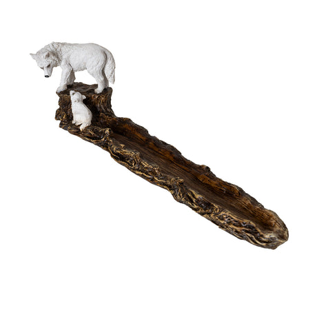 Incense holder, faux wood log, white wolf with pup