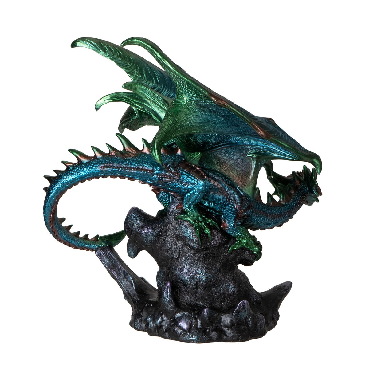 Large green dragon figurine perched on colorful geode rock