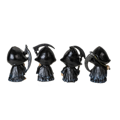 Set of 4 small cute Grim Reaper figurines with cloaks and scythes, shown from the back