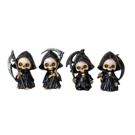 Set of 4 small cute Grim Reaper figurines with cloaks and scythes