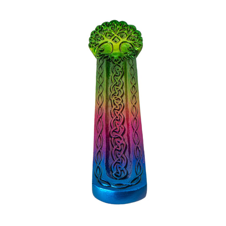 Incense stick holder in rainbow gradient with tree of life at the top and Celtic knotwork down the length