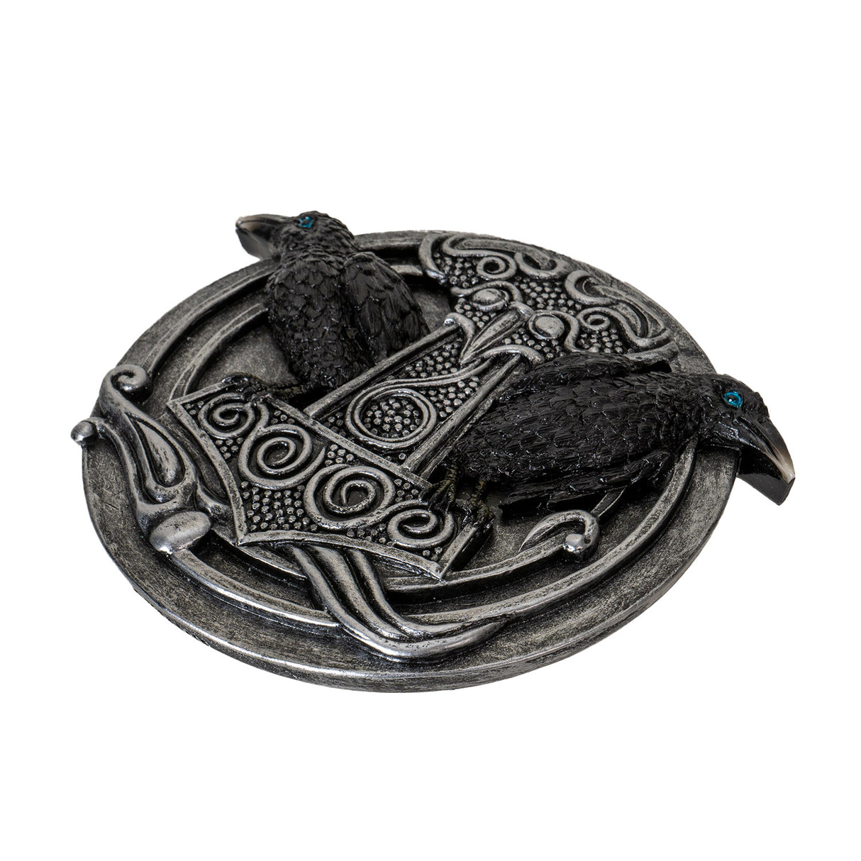 Incense burner in faux-silver with two black ravens flanking Thor's hammer