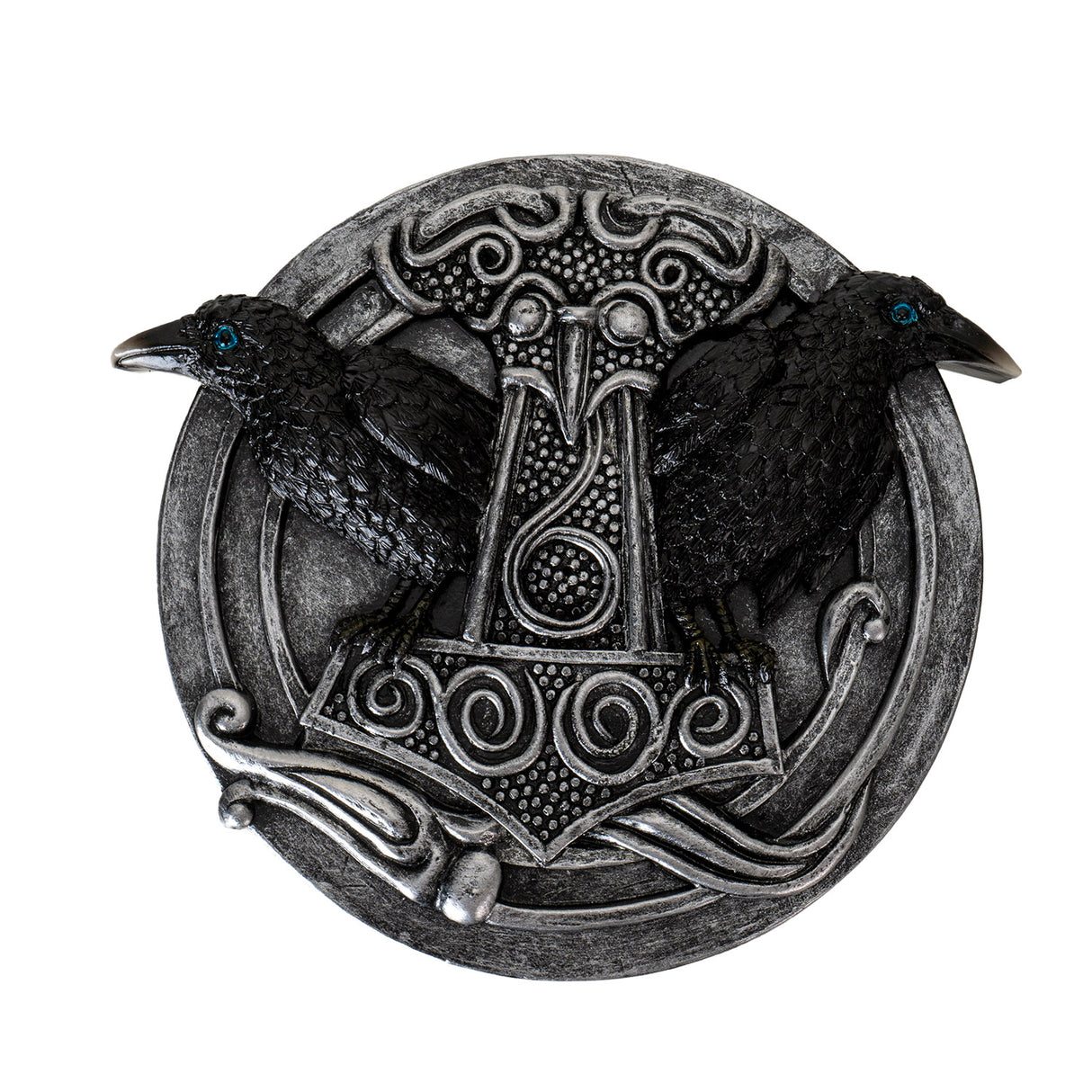 Incense burner in faux-silver with two black ravens flanking Thor's hammer