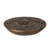 Incense burner in faux bronze with hands framing a crescent moon