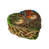 Trinket box with tree of light design, colorful leaves on the lid and intertwining roots and branches