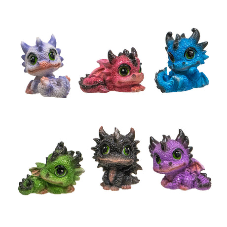 Set of 6 baby dragon figurines in red, purple, white, blue, green and black