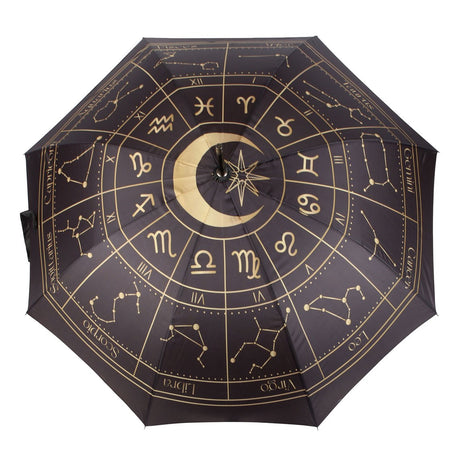 Black umbrella with gold astrology wheel symbols and crescent moon