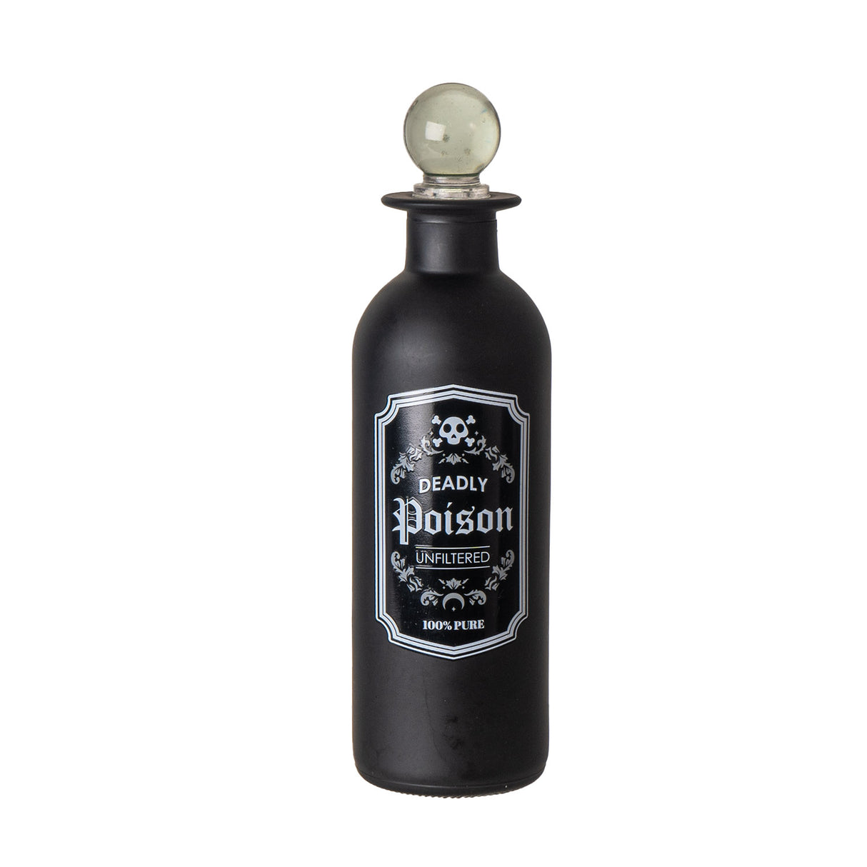 Decorative glass bottle, black with "Deadly Poison, Unfiltered, 100% Pure" label and clear glass stopper