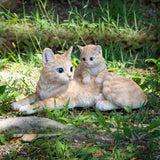 Orange striped mother cat lying down with kitten climbing on, shown displayed in the grass