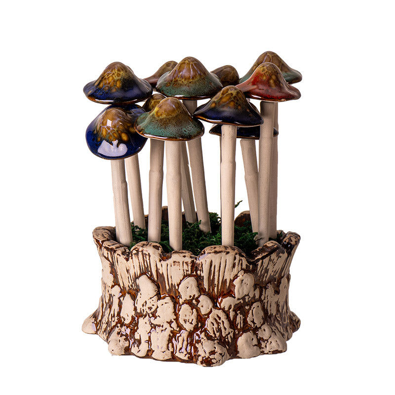 Pacific Trading 12 Piece Ceramic Mushroom Picks with Planter, Includes 12 Ceramic Mushroom Picks, Ceramic and Resin, Varies