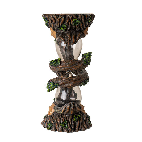 Sandtimer with glass hourglass, black sand, and ent faces on either end with spiraling roots