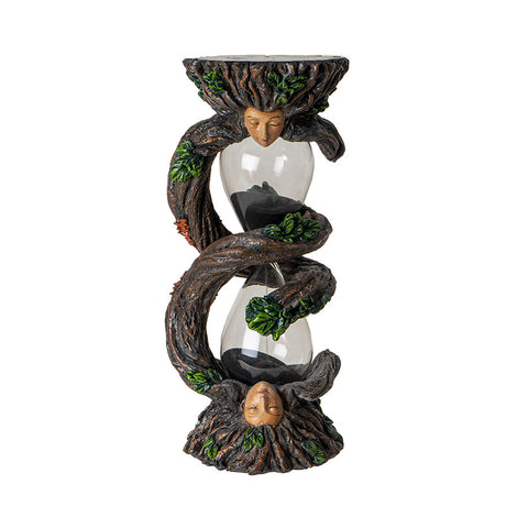 Sandtimer with glass hourglass, black sand, and ent faces on either end with spiraling roots