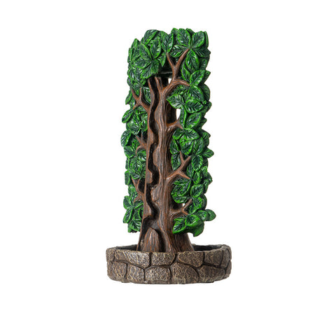 Tree of life backflow incense burner, green leaves and brown trunk with path for the smoke, faux stone basin bottom