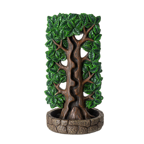 Tree of life backflow incense burner, green leaves and brown trunk with path for the smoke, faux stone basin bottom