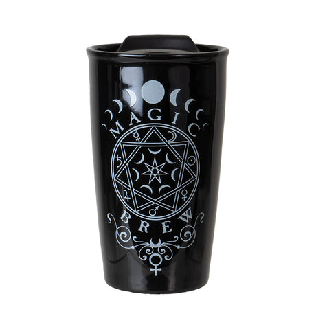 Black travel mug with 'Magic Brew' witchy design in white