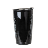 Black travel mug with 'Magic Brew' witchy design in white