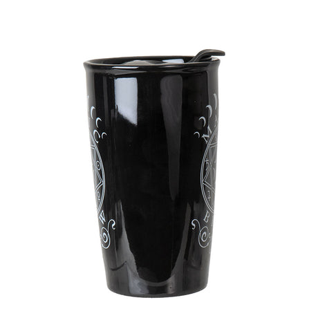 Black travel mug with 'Magic Brew' witchy design in white